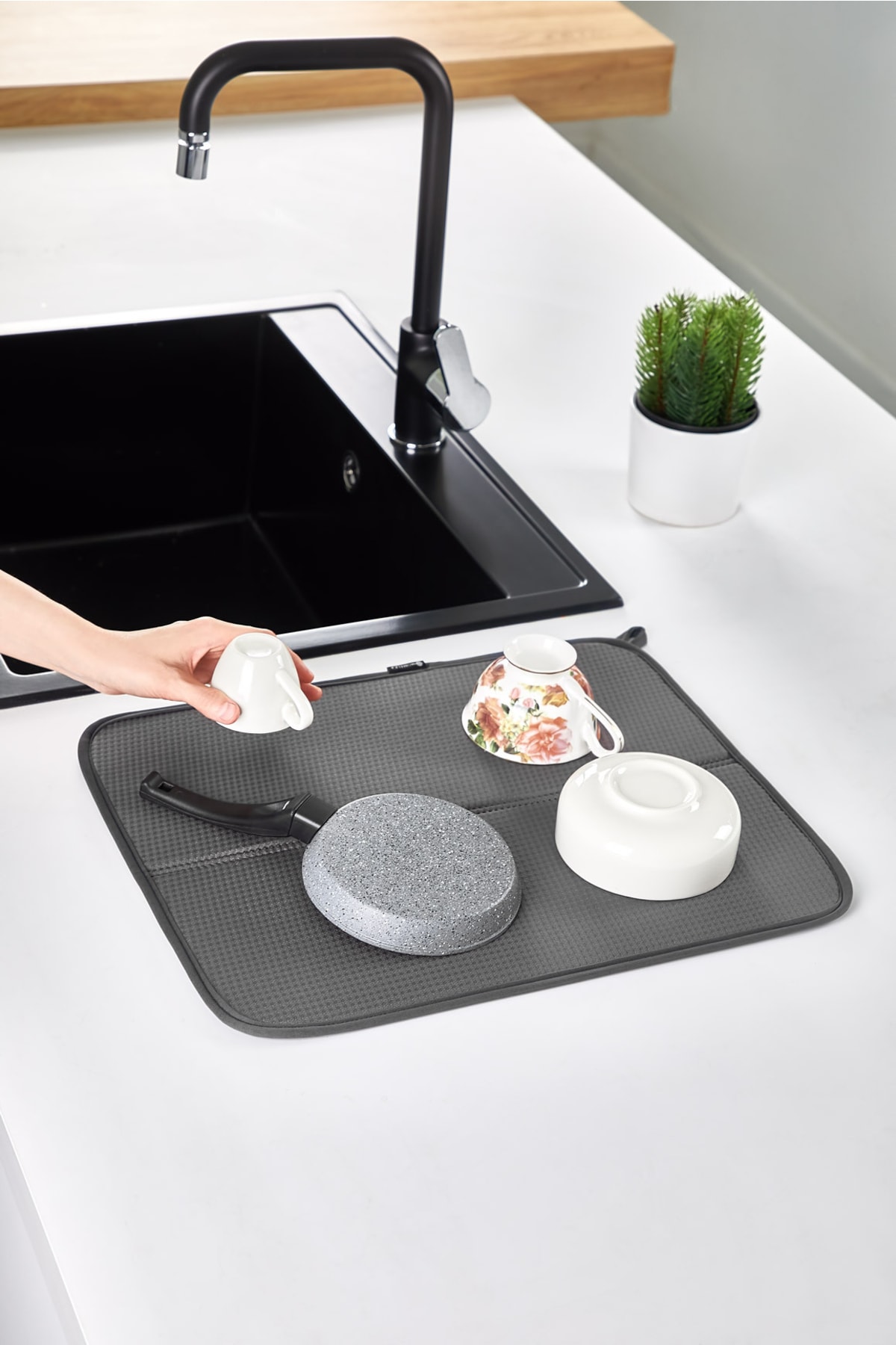 HOMELKA Bulaşık Kurutma Örtüsü Gri Renk Nanofiber Bulaşık Matı Ultra Emici Bulaşık Örtüsü