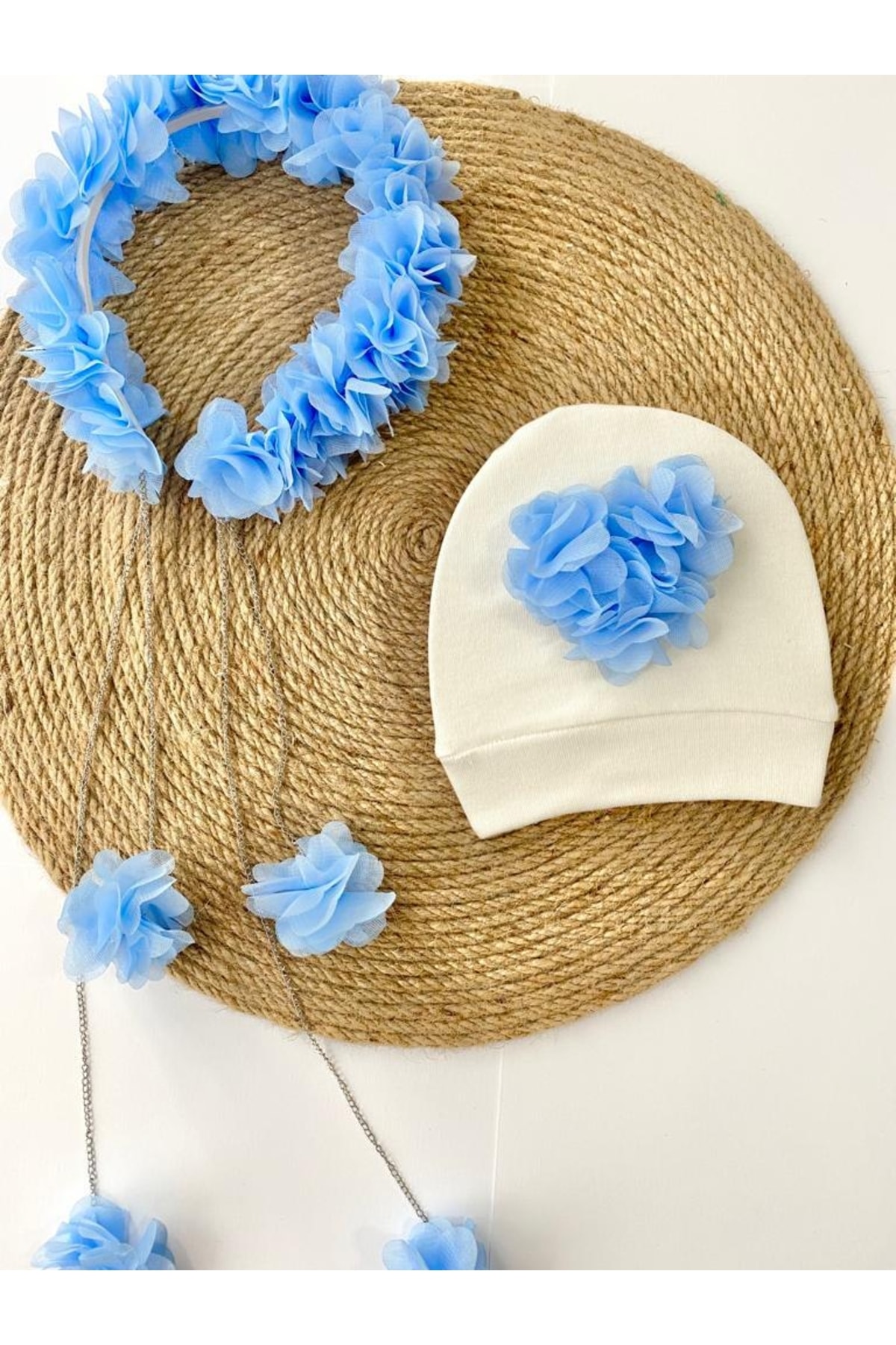 irembaby Anne Bebek Lohusa Seti Mavi Sarkan Küpeli Çiçekli Lohusa Tacı Ve Bebek Şapkası Lohusa Takımı fotoğrafı 2 (önizleme)