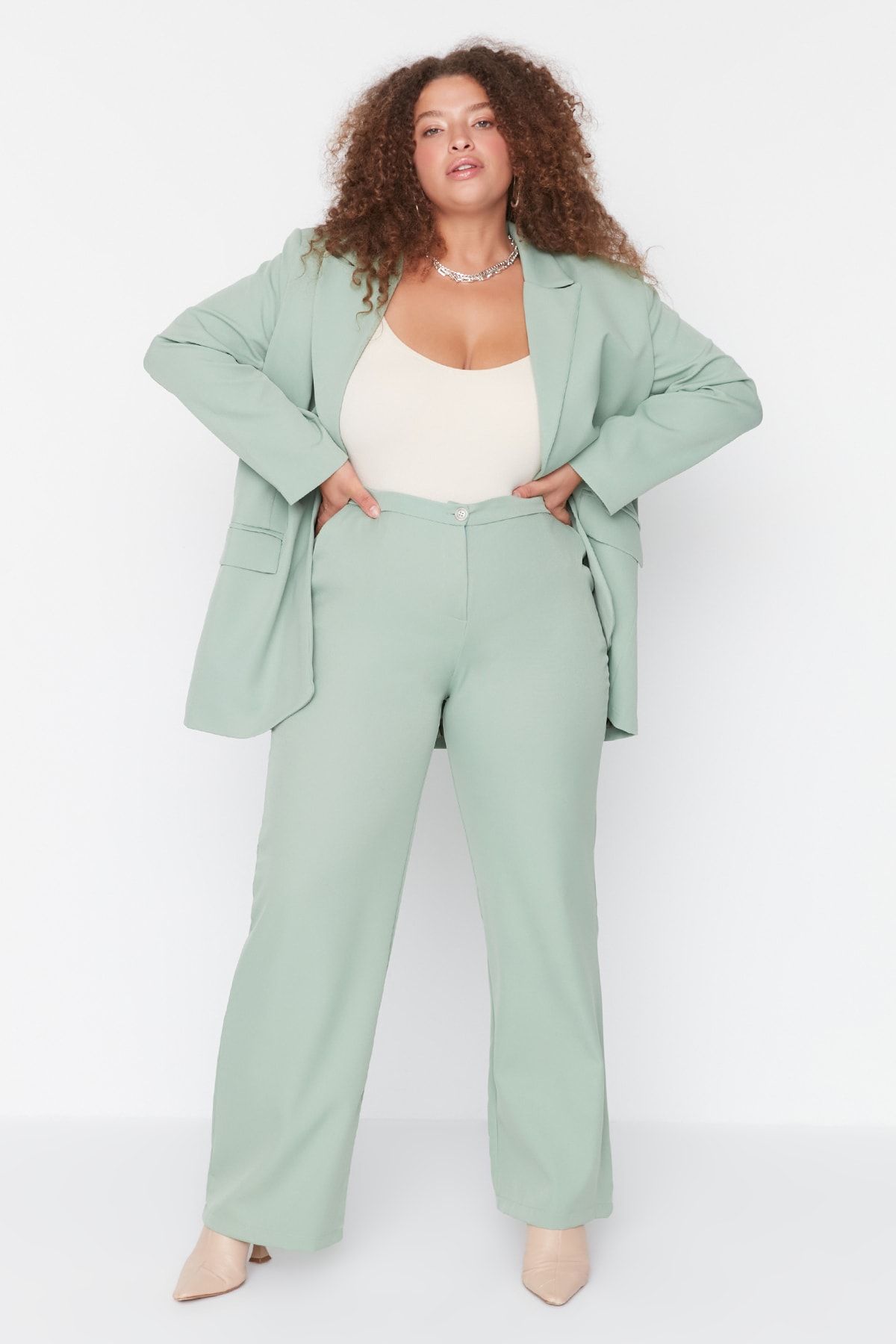 Trendyol Curve Plus Size Pants Green Wide leg Trendyol