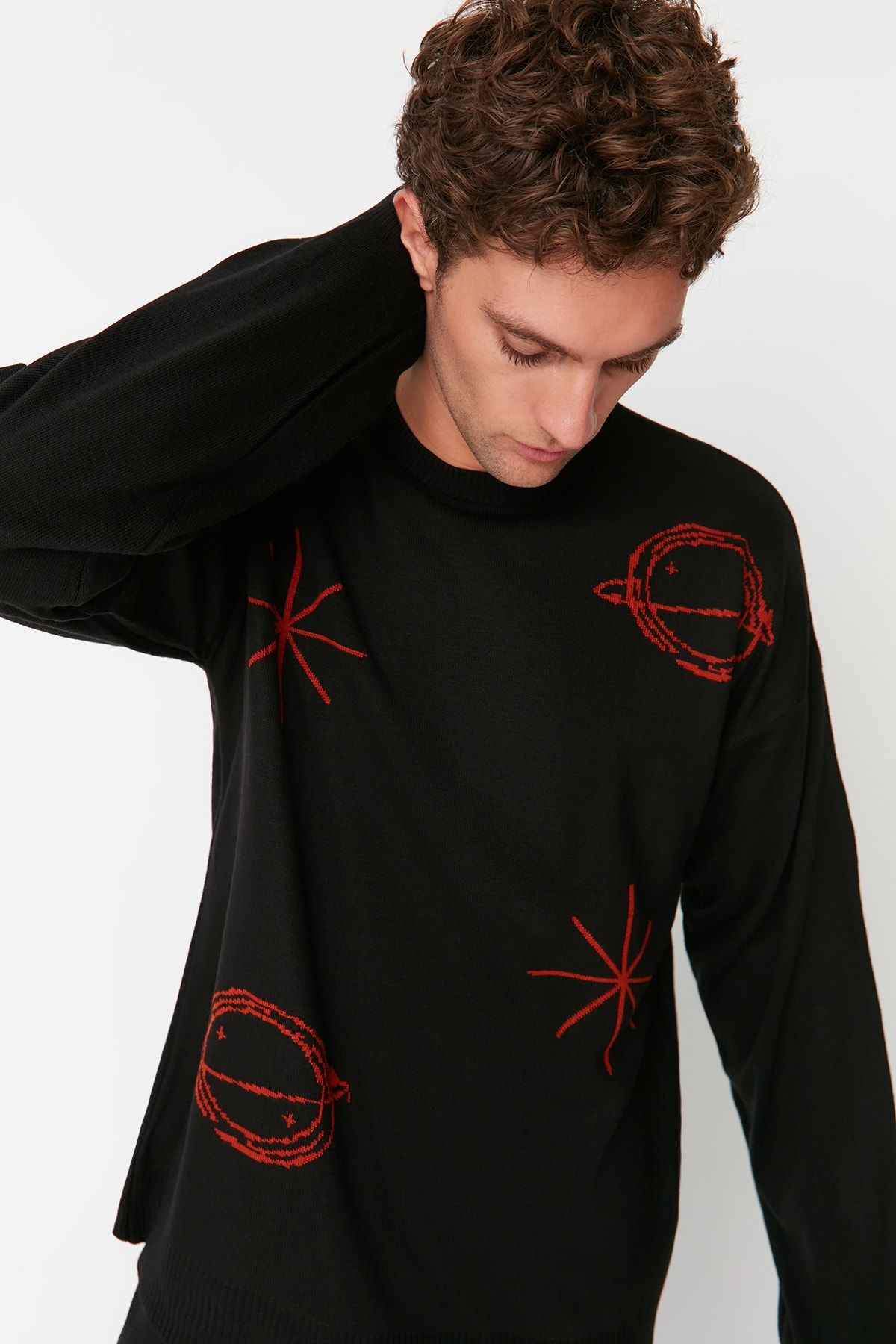 Siyah Erkek Oversize Fit Geniş Kalıp Bisiklet Yaka Gezegen Triko Kazak TMNAW23KZ00157