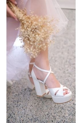 Kadın Beyaz Kalın Topuk Platform Gelin Ayakkabısı 525