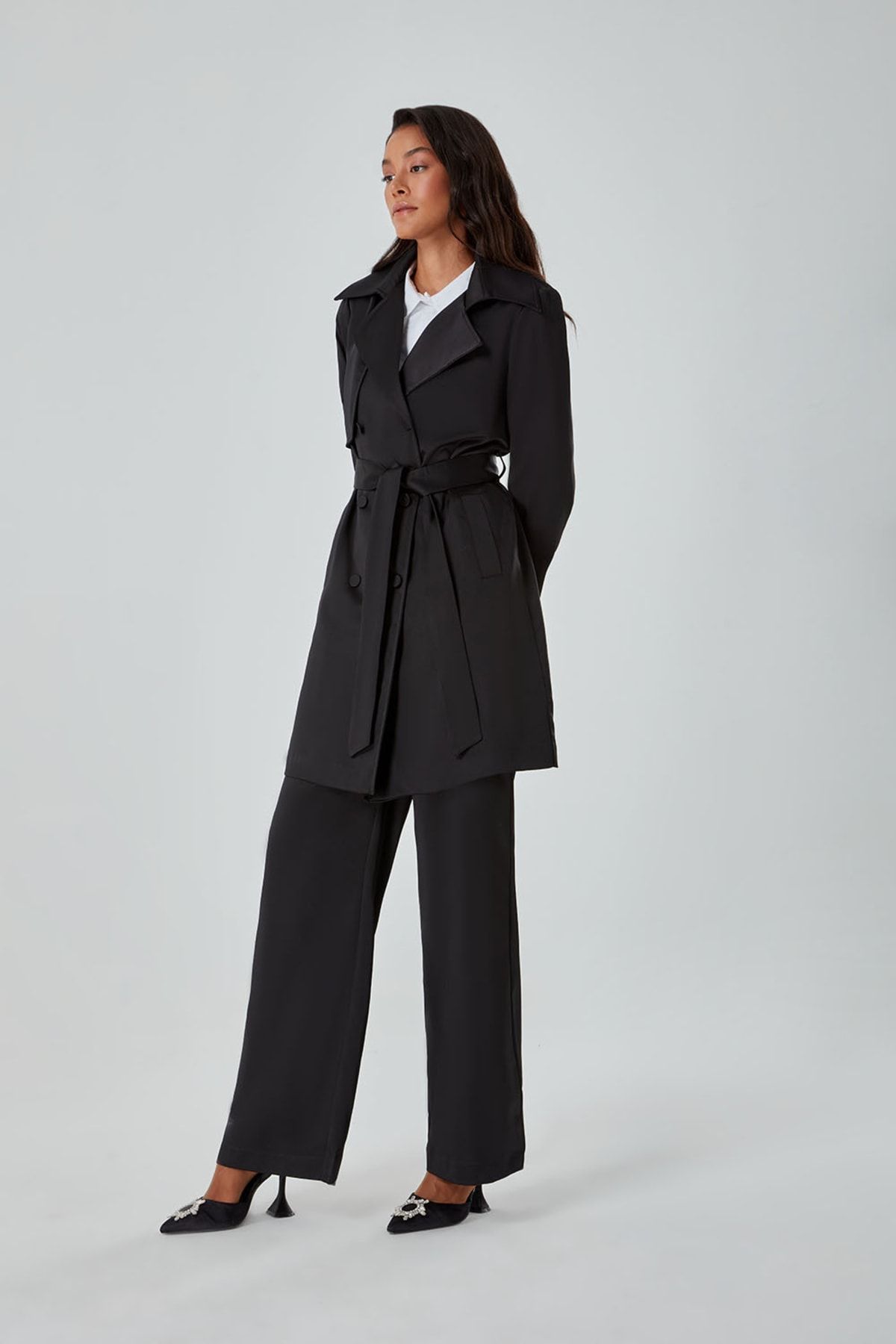 Black belted trench coat women's online