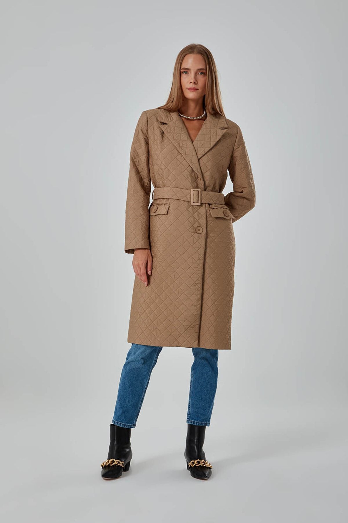 Mizalle Quilted Textured Tan Coat Trendyol
