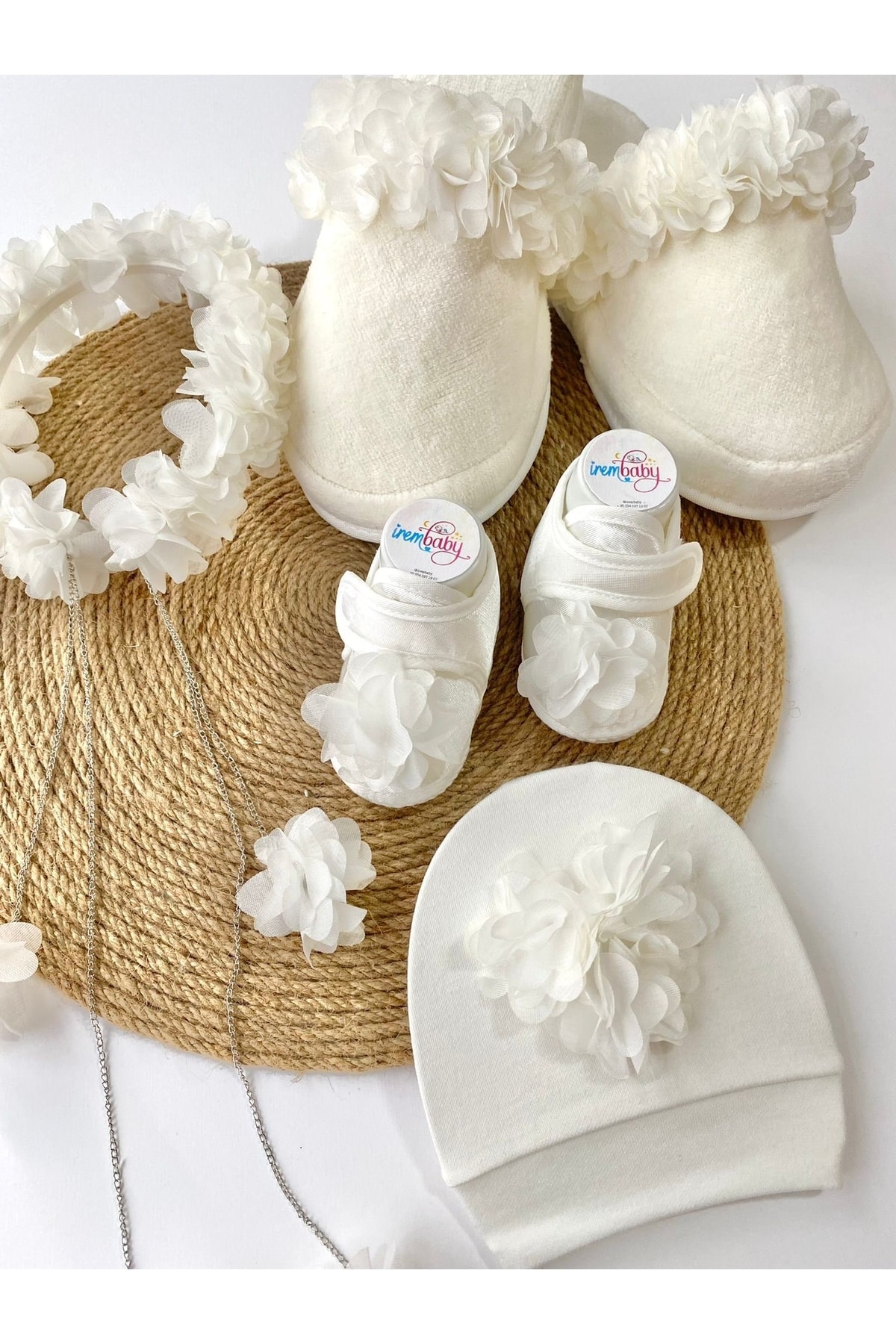 irembaby Anne Bebek Lohusa Seti Beyaz Çiçekli Lohusa Tacı Terlik Bebek Ayakkabı Bebek Şapkası Lohusa Takımı fotoğrafı 3 (önizleme)