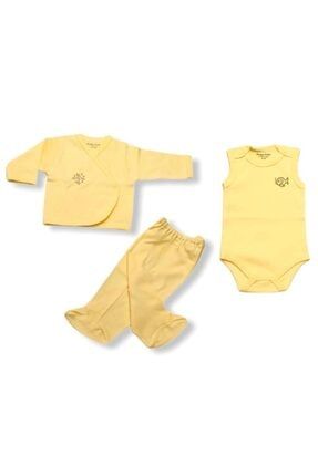 Pamuklu Yeni Doğan Üçte Unisex Kız Erkek Bebek Zıbın Takımı Sarı 00020