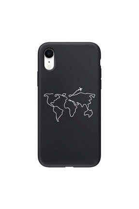 Iphone Xr Siyah Dünya Haritası Desenli Telefon Kılıfı IPXRLN-097