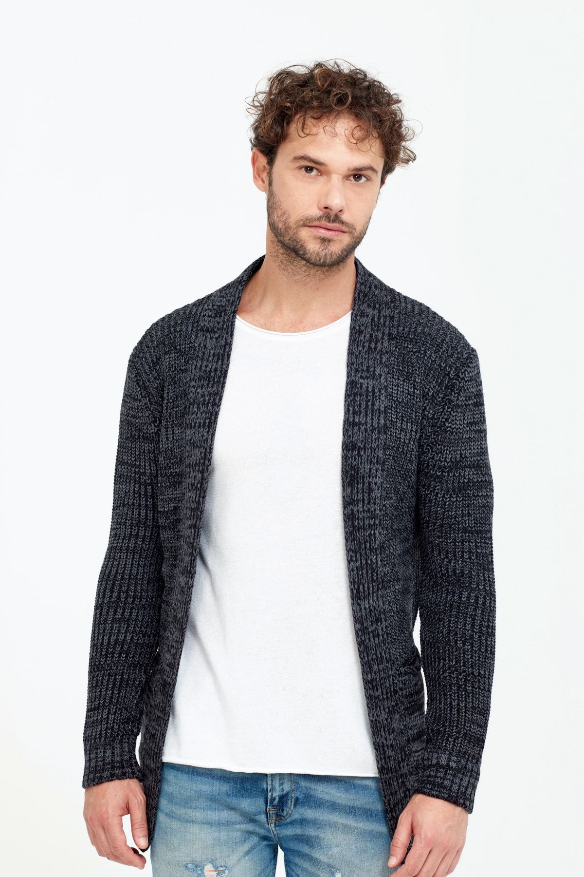 Tarz Cool Men s Navy Blue Thick Cardigan with Pockets hrtk001r03