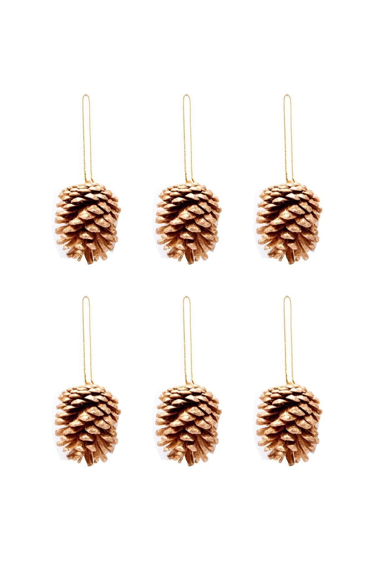 Happyland 1 Paket Yılbaşı Çam Ağacı Süsü Kozalak Altın 5 Cm 6'lı