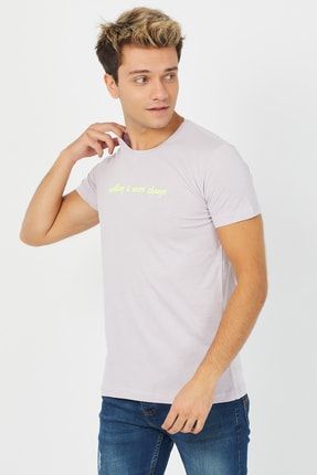 Erkek Bej Something Baskılı Pamuklu Slim Fit Likralı T-shirt - Bt003r04 BT003