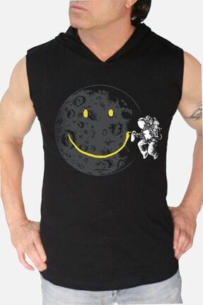 Erkek Siyah Grafitici Astronot Kapüşonlu Kolsuz T-shirt 1M0KM226AS