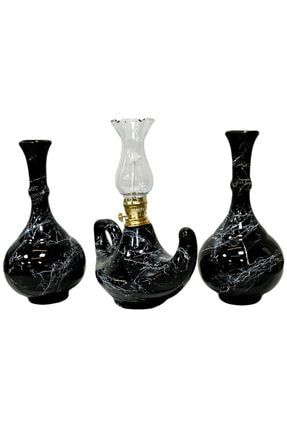 Siyah Renk 2 Vazo 1 Gaz Lambası Mermer Desenli El Yapımı Çini Konsol Takımı-3'lü 2 vazo 1 lamba siyah