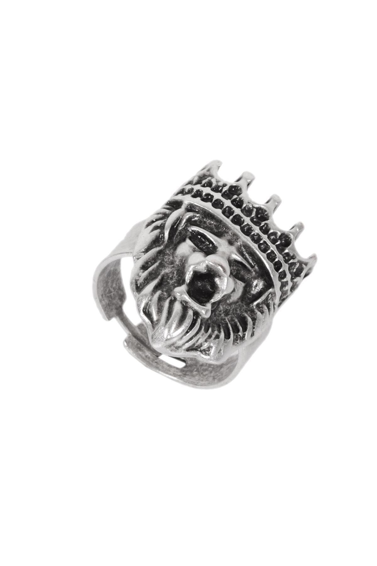 LABALABA Men s Antique Silver Plated Adjustable King Crown Lion