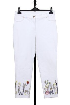 Paçaları Işlemeli Pantolon- Beyaz 8Y1241B