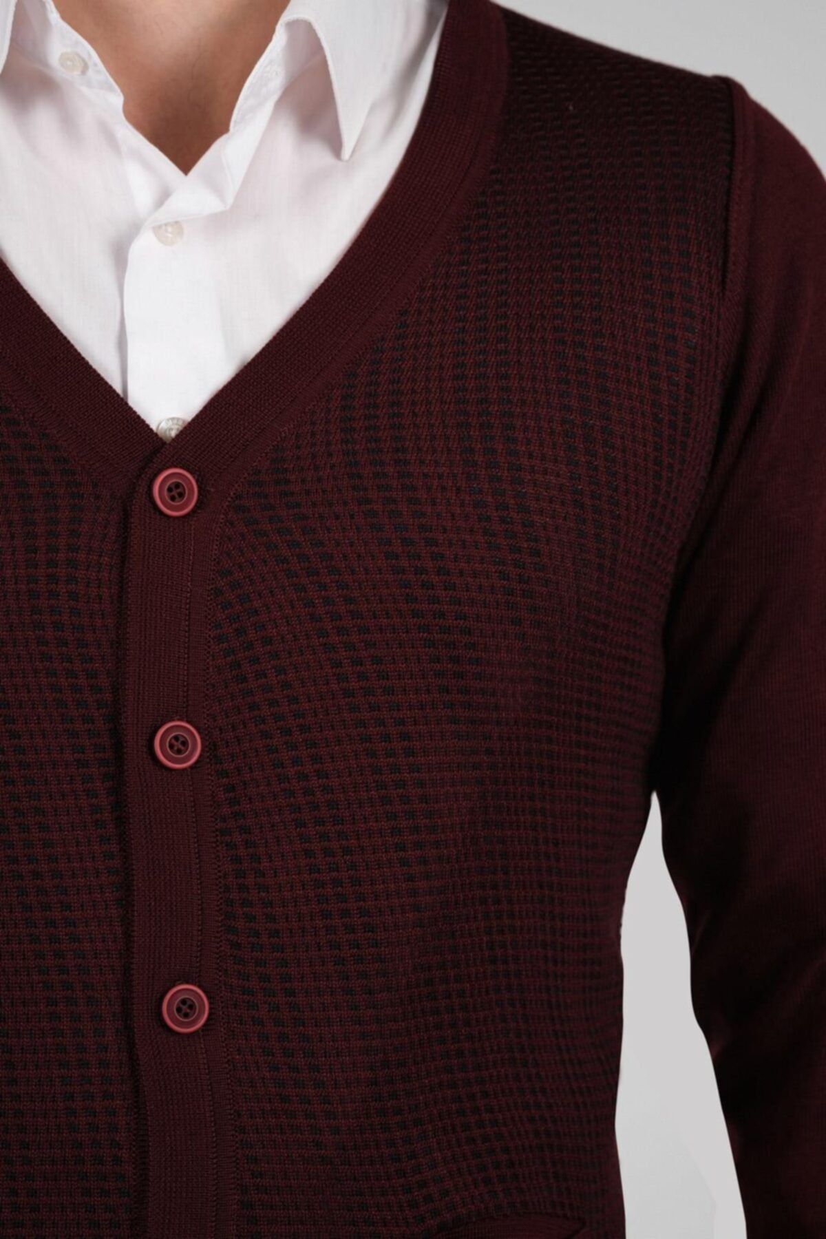 ژاکت جلو باز قرمز مردانه جیب لباس کش بافندگی V NECK Çizgi Triko