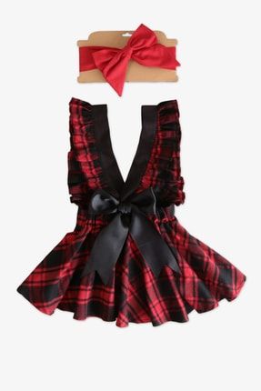 Kız Çocuk Mozabella Yılbaşı Ekose Jile Elbise Bandana Takım ELB-0058