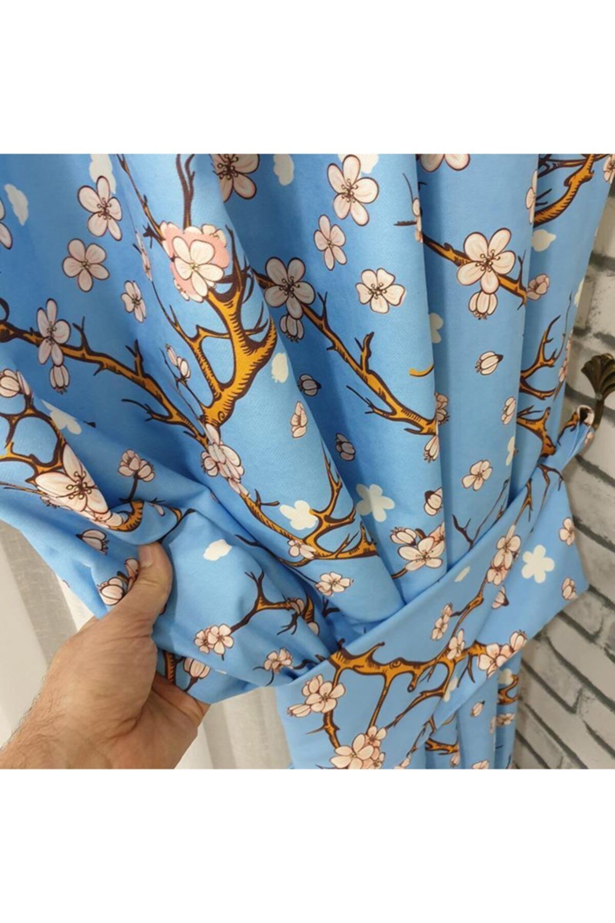Evimstil Japon Çiçekli Tasarım Fon Perde Kornişe, Rustik Boruya, Rustik Halkaya Uyumlu 1 Kanat Bağcıklı