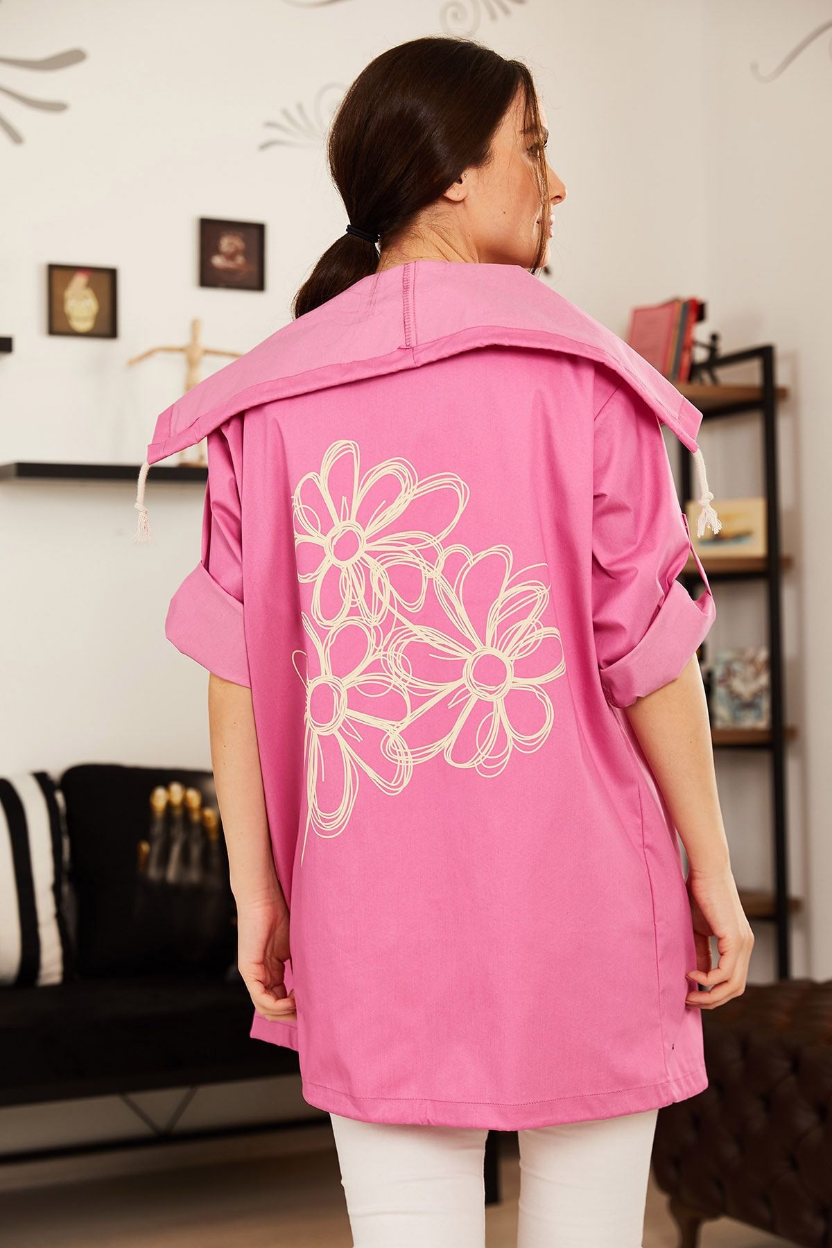 armonika Kadın Pembe Sırtı Çiçek Baskılı Mevsimlik Ceket ARM-20K024030 BY9106