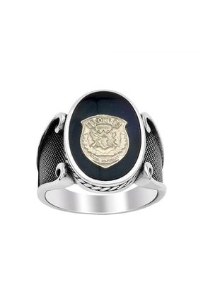 Erkek Siyah Mineli Polis Özel Harekat Amblemli 925 Ayar Gümüş Yüzük Özel Tasarım Model 98d3-1695