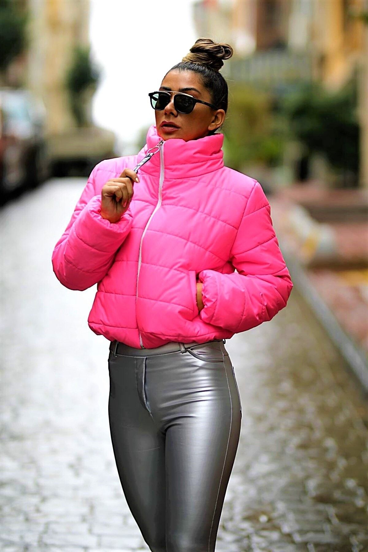 Pink short puffer on sale jacket