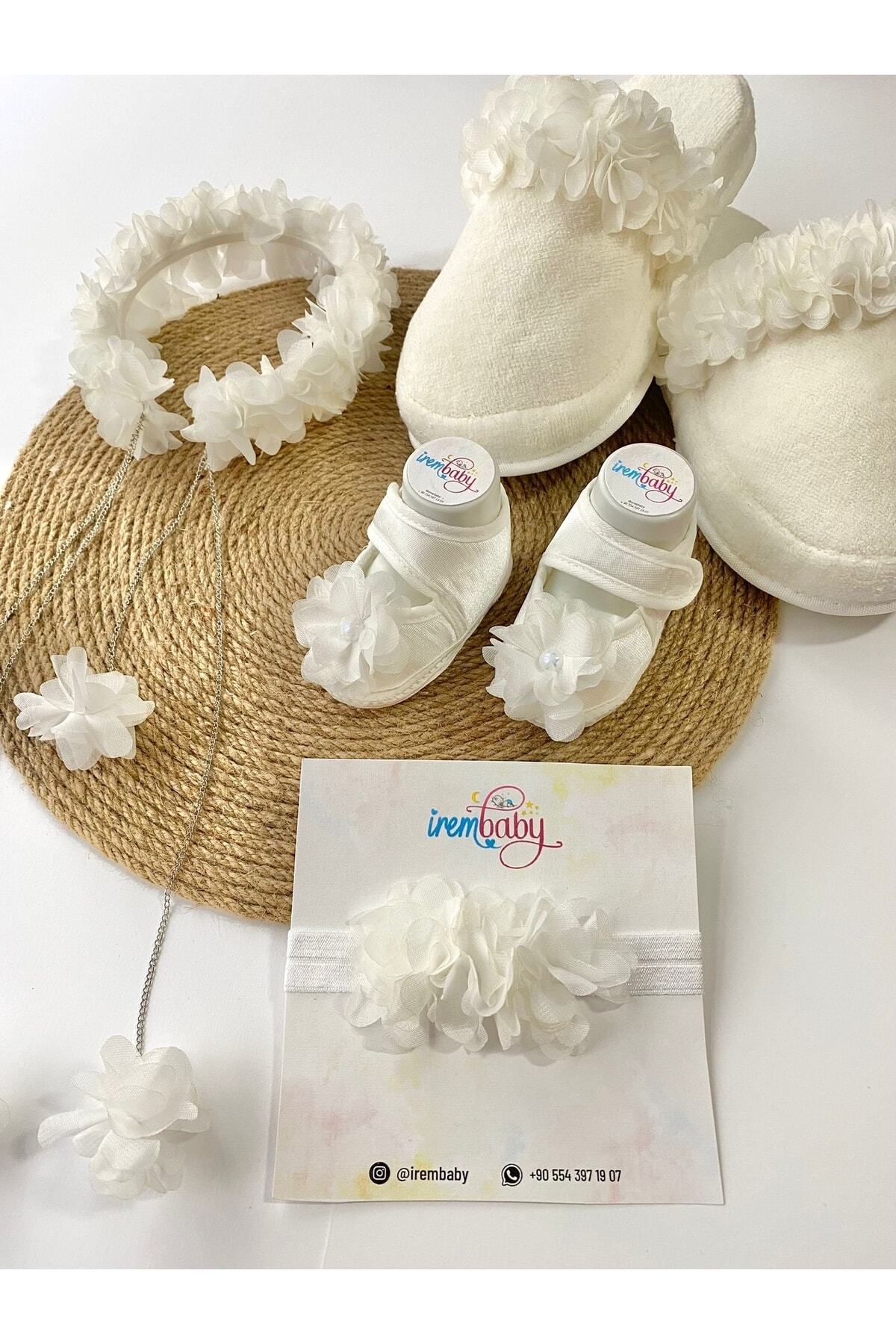 irembaby Anne Bebek Lohusa Seti Beyaz Çiçekli Lohusa Tacı Terlik Bebek Ayakkabı Bebek Saç Bandı Lohusa Takımı fotoğrafı 3 (önizleme)