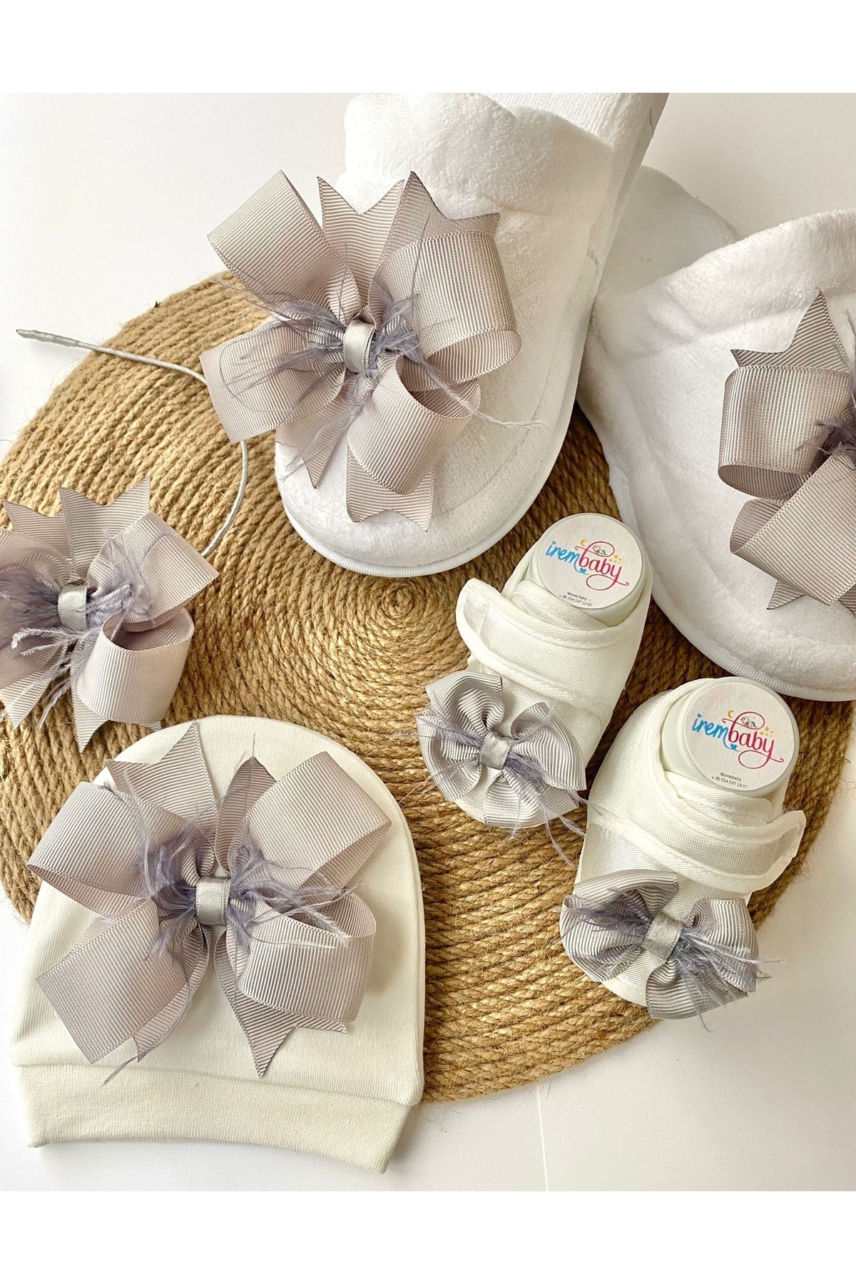 irembaby Anne Bebek Lohusa Seti Gri Lohusa Tacı Terlik Bebek Ayakkabısı ve Bebek Şapkası Lohusa Takımı fotoğrafı 2 (önizleme)