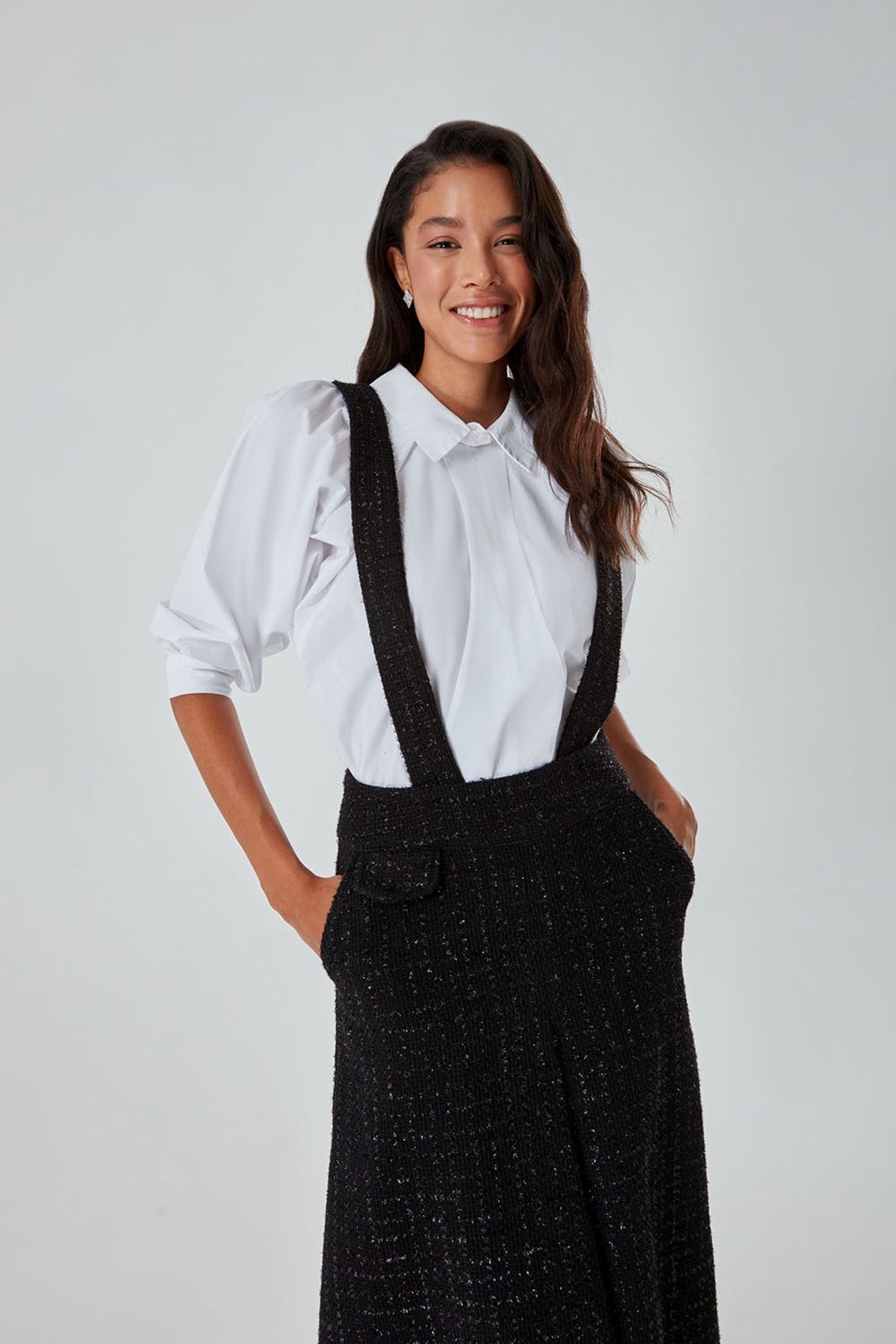 Mizalle Tweed Textured Strap Gilet Black Dress Trendyol