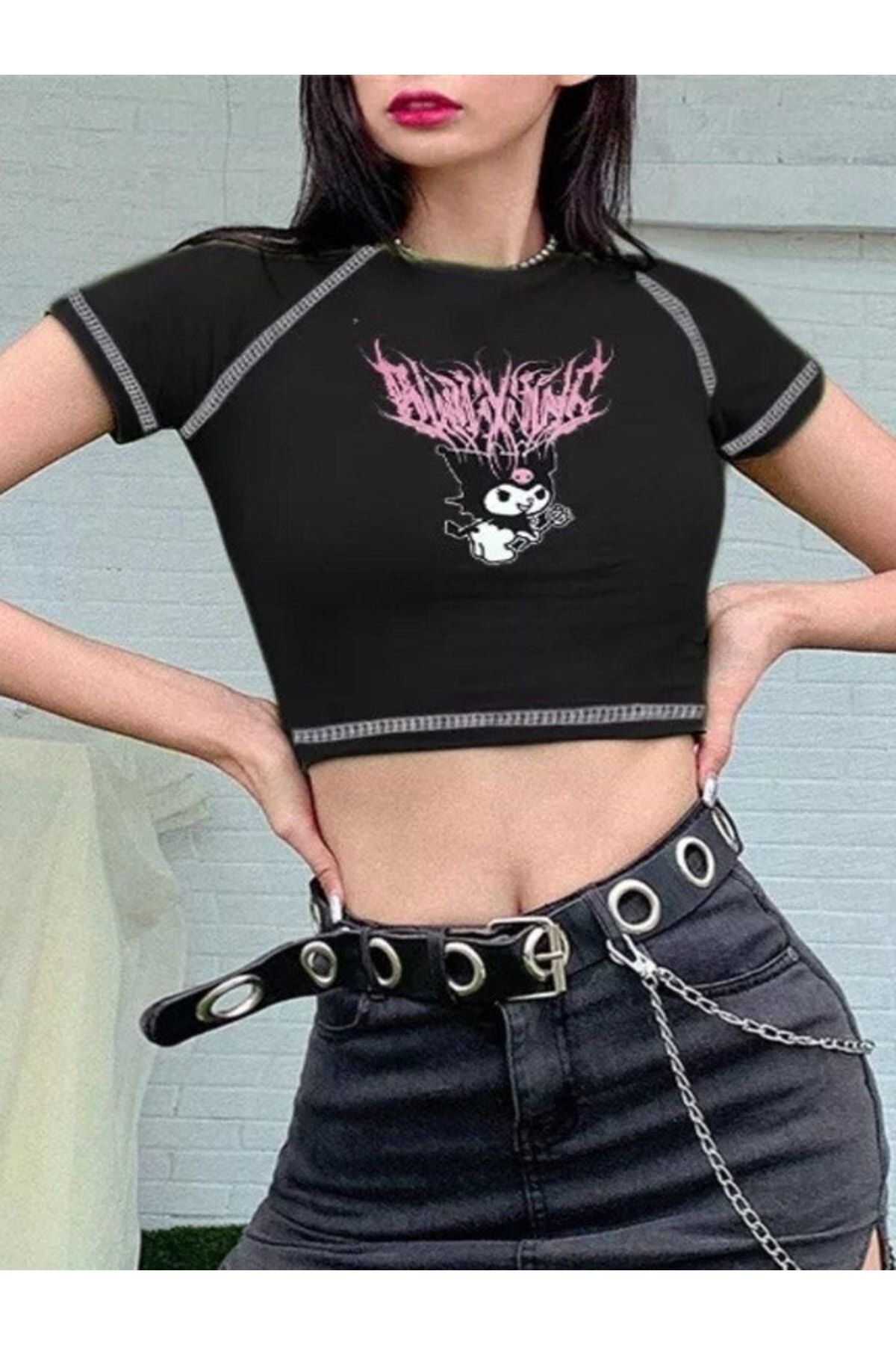 Touz-Gothic Harajuku Fashion Anime Kuromi Sanrio Half Women's T-shirt 2