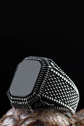 Erkek Siyah Oniks Taşlı Kare Model Sade Tasarım 925 Ayar Gümüş Yüzük Şık Motifli Desenli PTK-058
