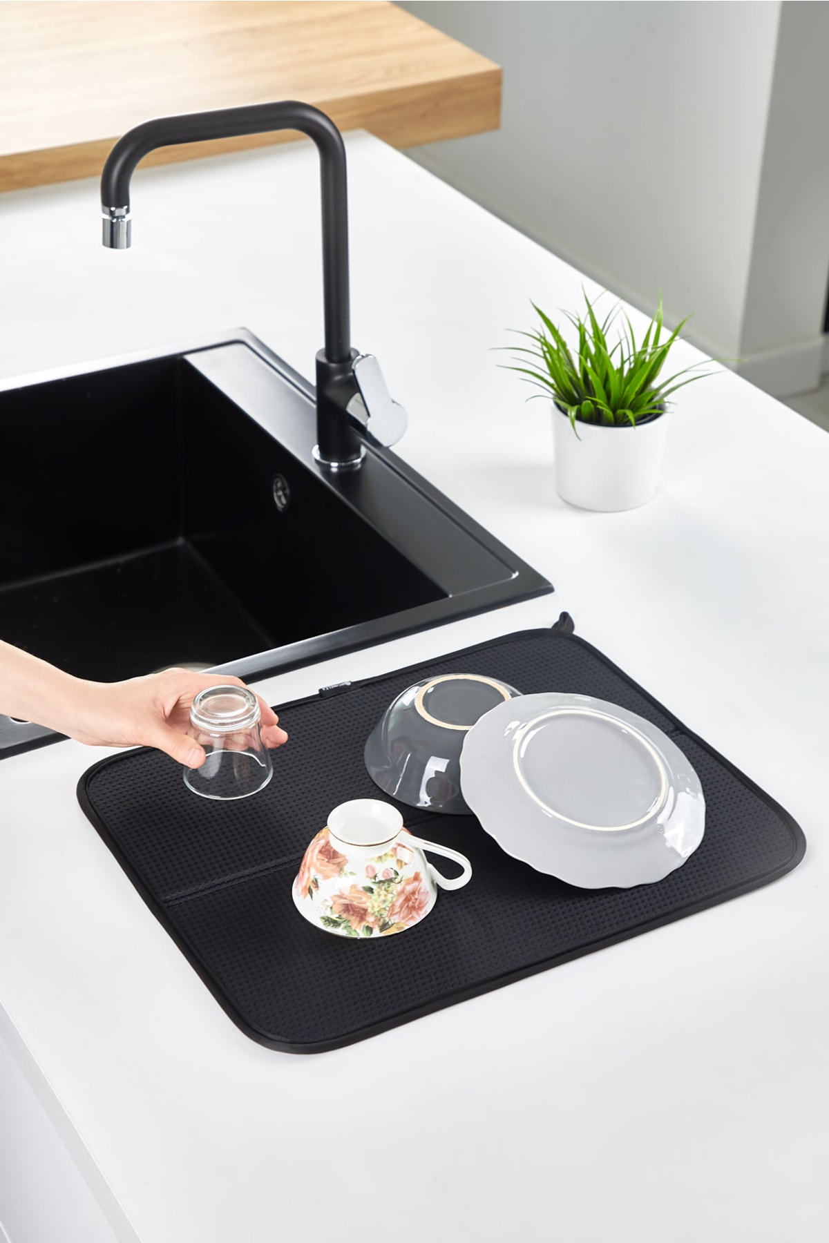 HOMELKA Bulaşık Kurutma Örtüsü Siyah Renk Nanofiber Bulaşık Matı Ultra Emici Bulaşık Örtüsü
