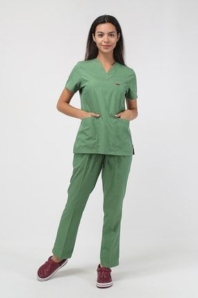 Kadın Scrubs Fıstık Yeşili Hemşire Doktor Cerrahi Forma, Terikoton v Yaka Cerrahi Forma Takım TIPTX-555