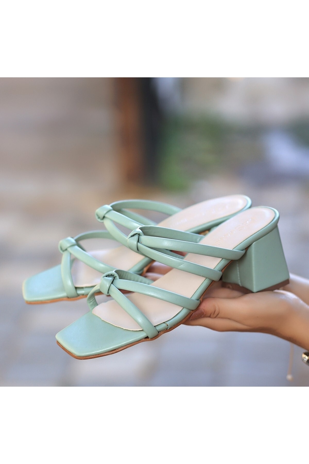 Kadın Mint Yeşil Paul Mint Yeşili Cilt Topuklu Terlik