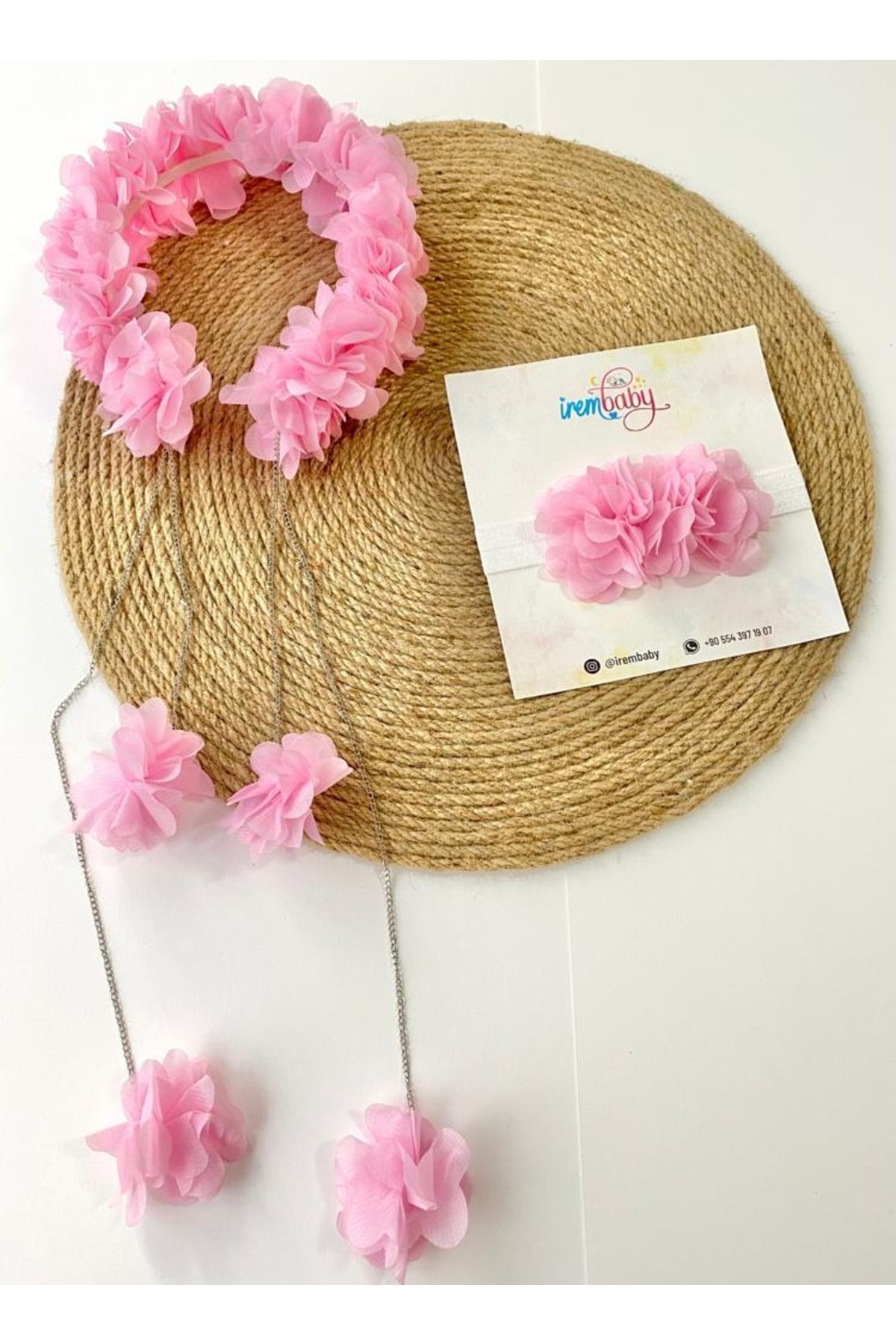 irembaby Anne Bebek Lohusa Seti Pembe Sarkan Küpeli Çiçekli Lohusa Tacı Ve Bebek Saç Bandı Lohusa Takımı fotoğrafı 2 (önizleme)