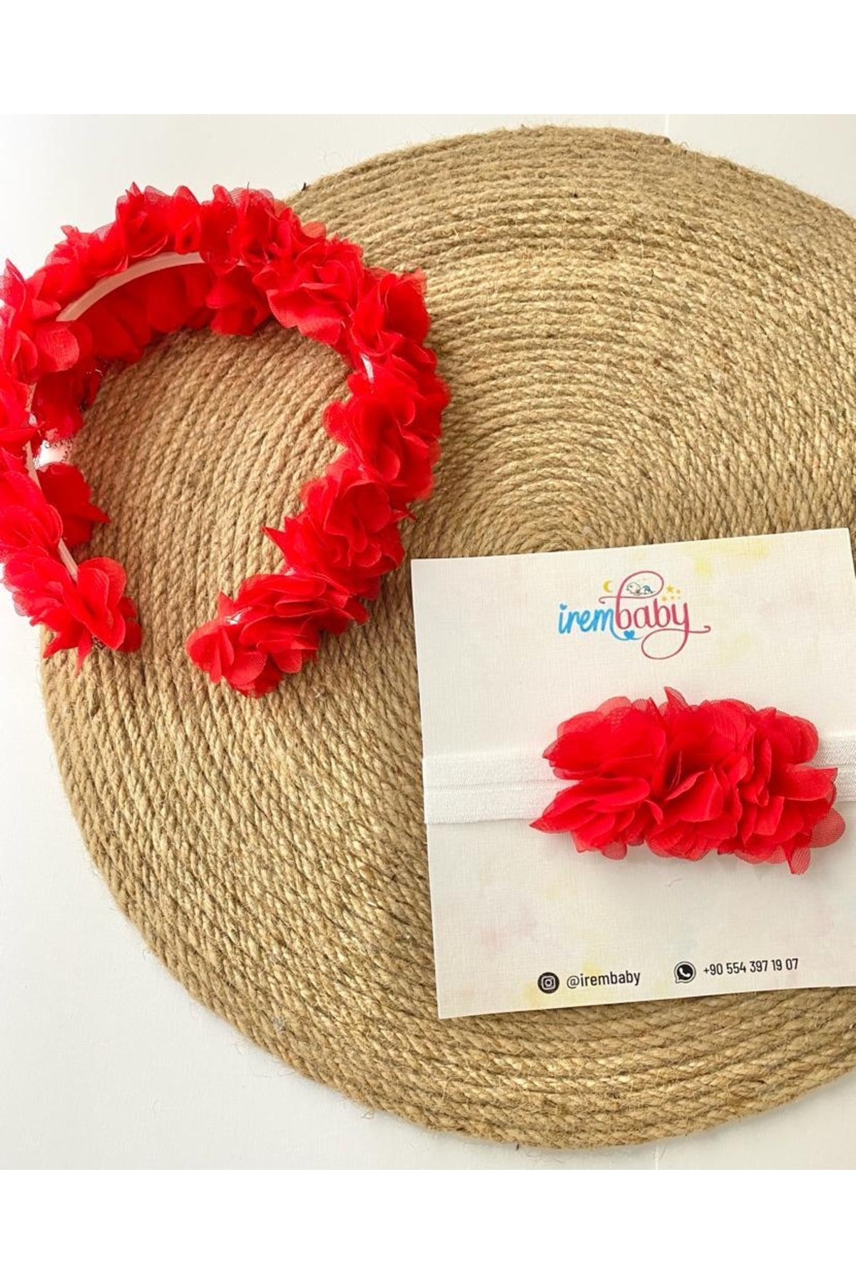 irembaby Anne Bebek Lohusa Seti Kırmızı Çiçekli Lohusa Tacı Ve Bebek Şapkası Lohusa Takımı fotoğrafı 2 (önizleme)