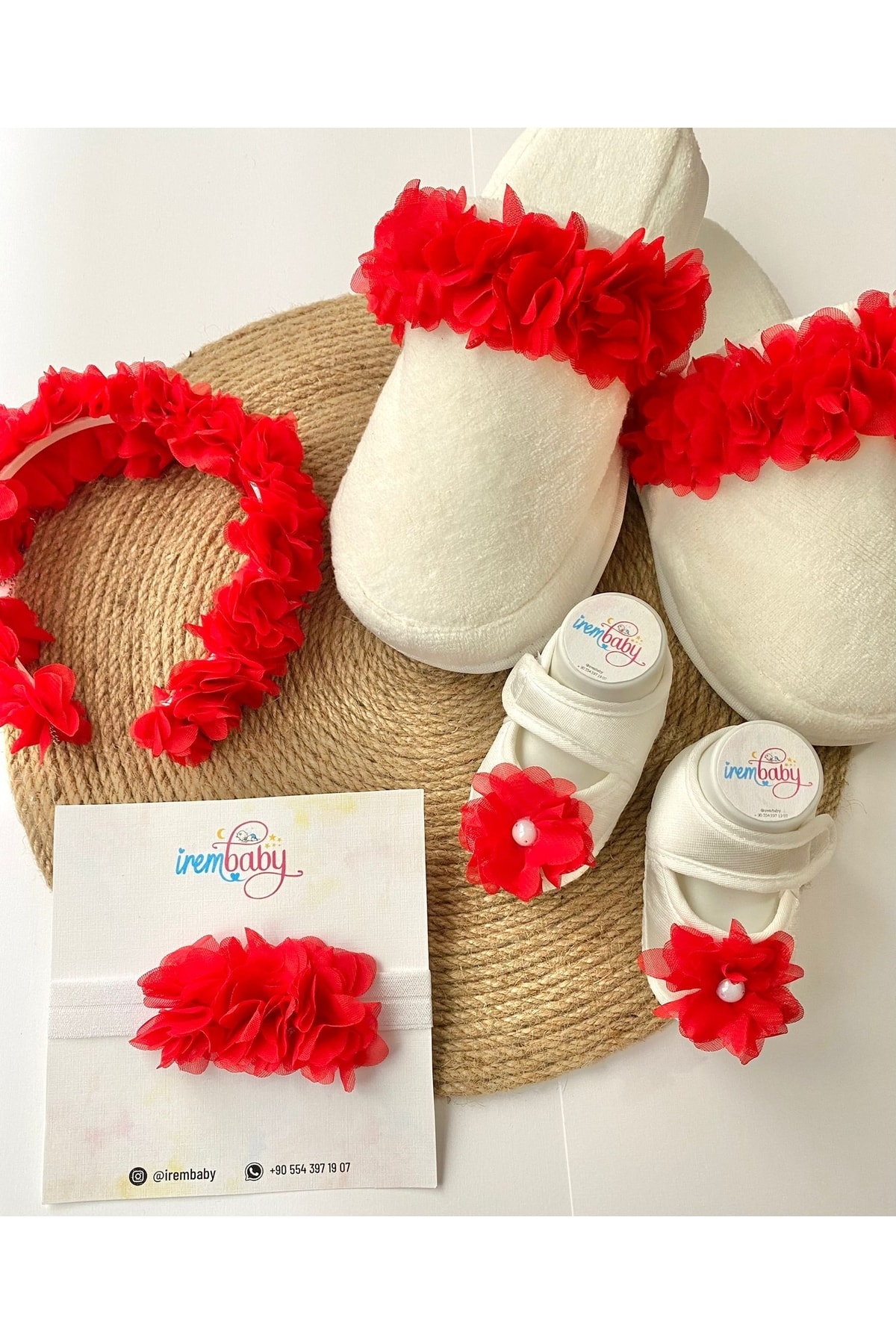 irembaby Anne Bebek Lohusa Seti Kırmızı Çiçek Lohusa Tacı Terlik Bebek Ayakkabı Bebek Saç Bandı Lohusa Takımı fotoğrafı 2 (önizleme)