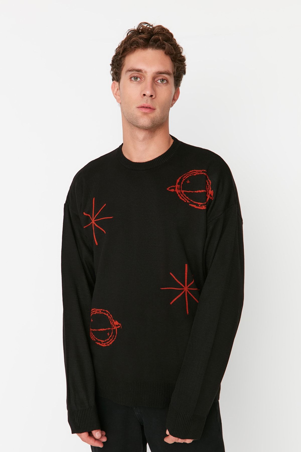 Siyah Erkek Oversize Fit Geniş Kalıp Bisiklet Yaka Gezegen Triko Kazak TMNAW23KZ00157