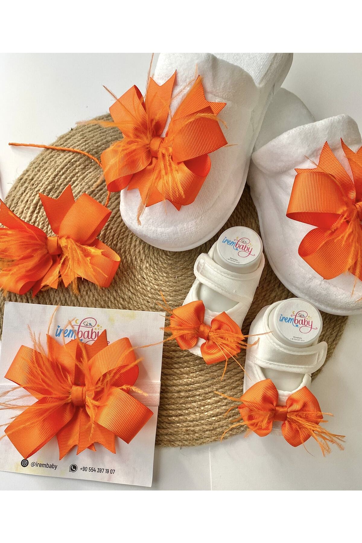 irembaby Anne Bebek Lohusa Seti Turuncu Lohusa Tacı Terlik Bebek Ayakkabısı Ve Bebek Saç Bandı Lohusa Takımı fotoğrafı 2 (önizleme)