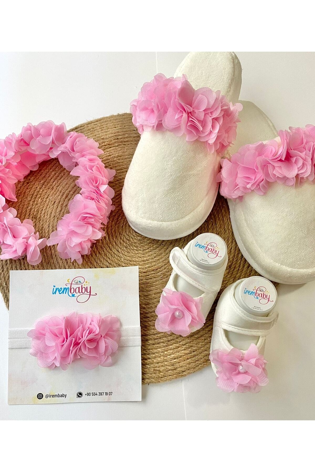 irembaby Anne Bebek Lohusa Seti Pembe Çiçekli Lohusa Tacı Terlik Bebek Ayakkabı Bebek Saç Bandı Lohusa Takımı fotoğrafı 2 (önizleme)