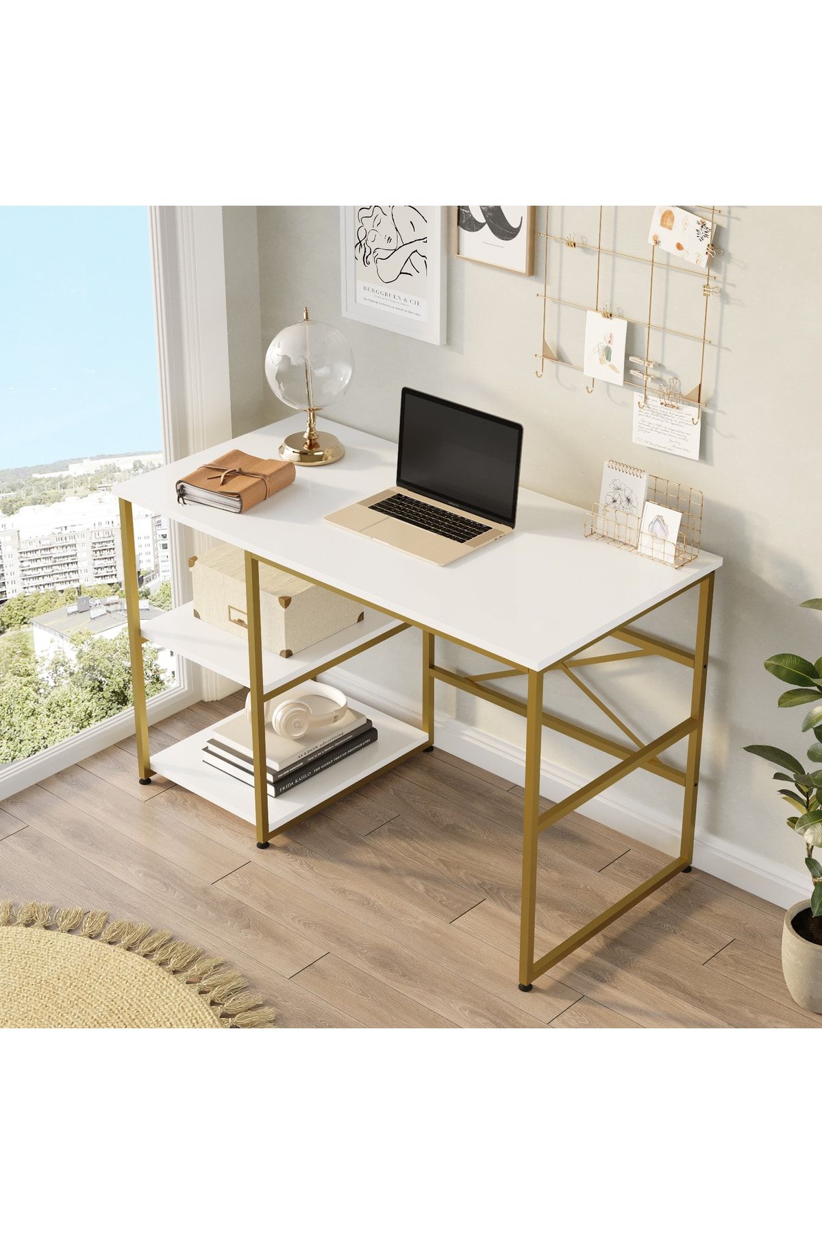 Yurudesign Voyage Gold Metal Çalışma Masası Raflı 120cm Beyaz Vg23-w