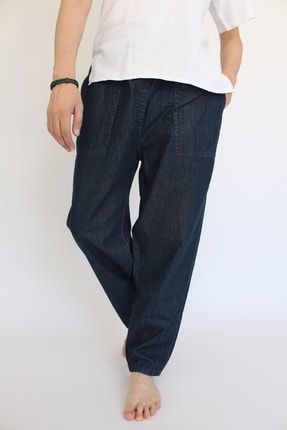 Unisex Beli Lastikli Kot Pantolon Rahat Kalıp Pamuklu Oversize Kışlık Kot Pantolon HMBZ012