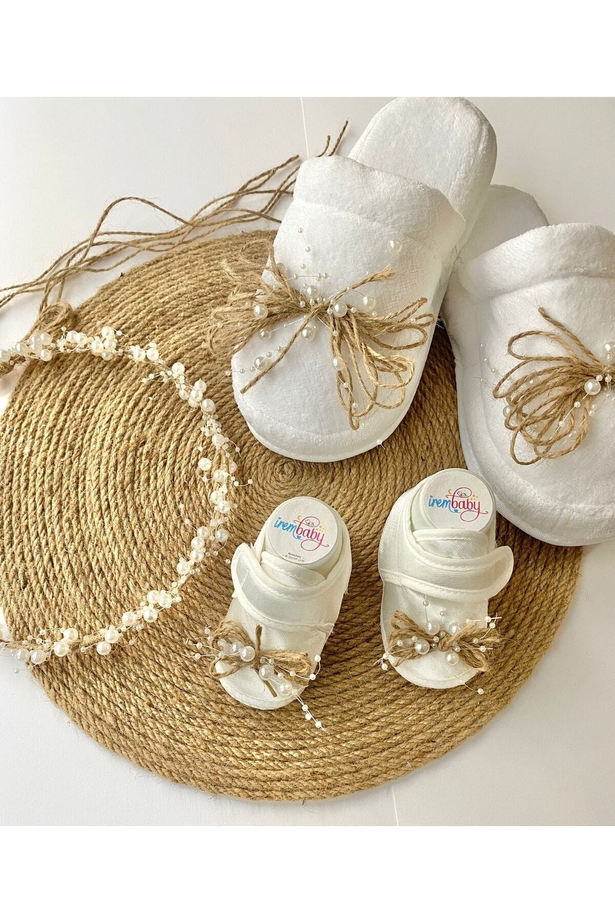 irembaby Anne Bebek Lohusa Seti Hasırlı Incili Lohusa Tacı Lohusa Terliği Ve Bebek Ayakkabısı Lohusa Takımı fotoğrafı 2 (önizleme)