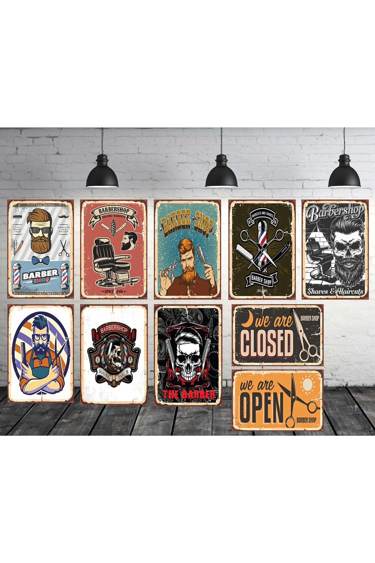 Barber Shop Themed Set 10 Pieces 20x30 Cm Retro Wood Table