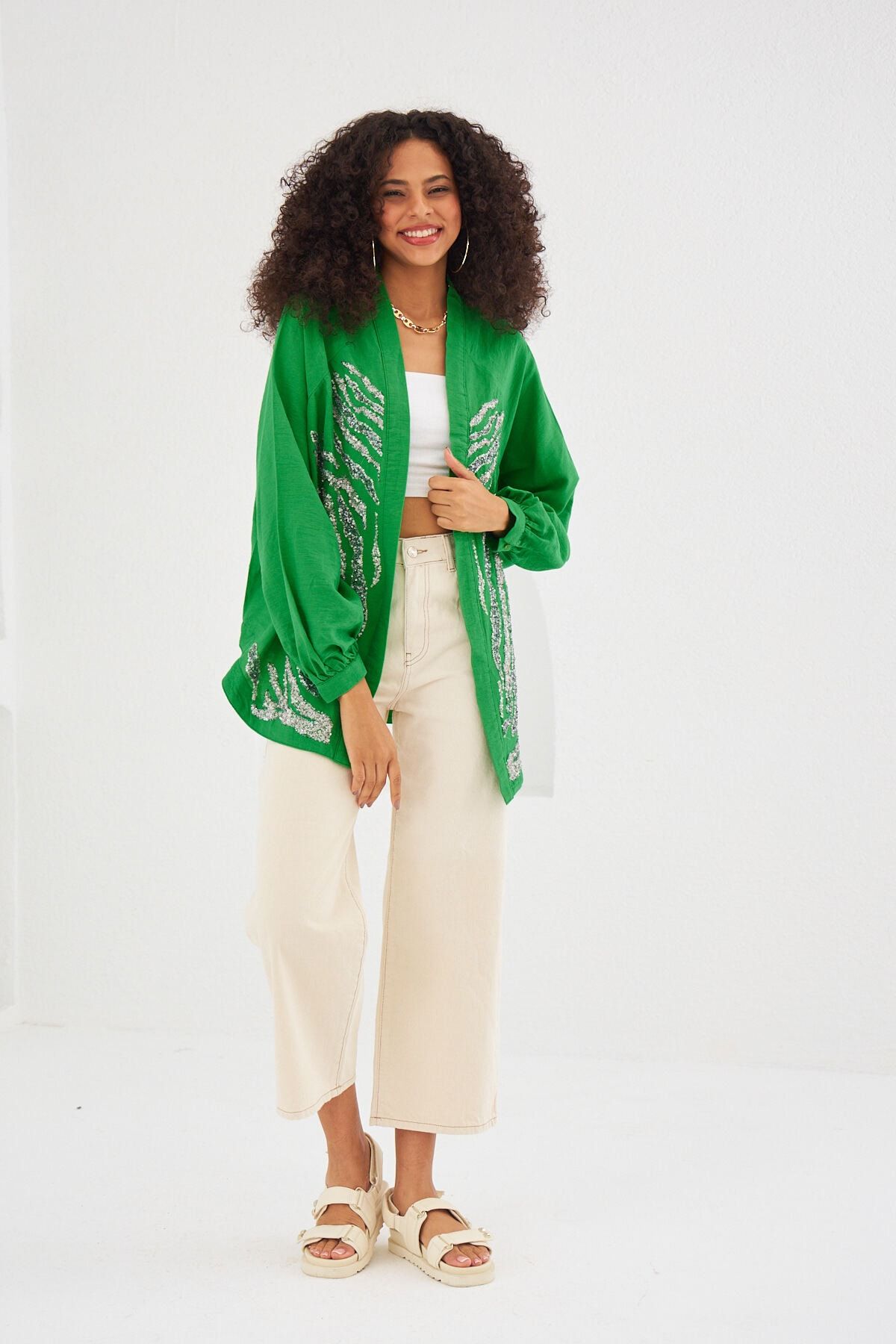 Zara green embroidered cheap kimono