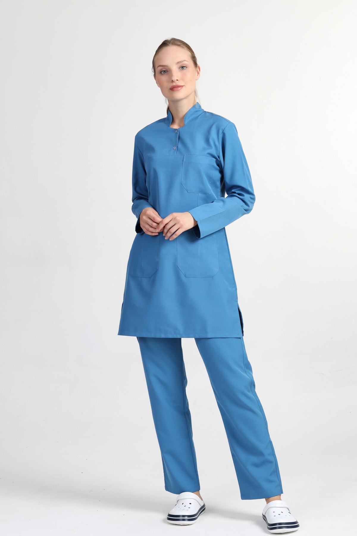 BAŞAK Kadın Petrol Mavi Likralı Pamuk Tesettür Doktor Hemşire Forma Takımı
