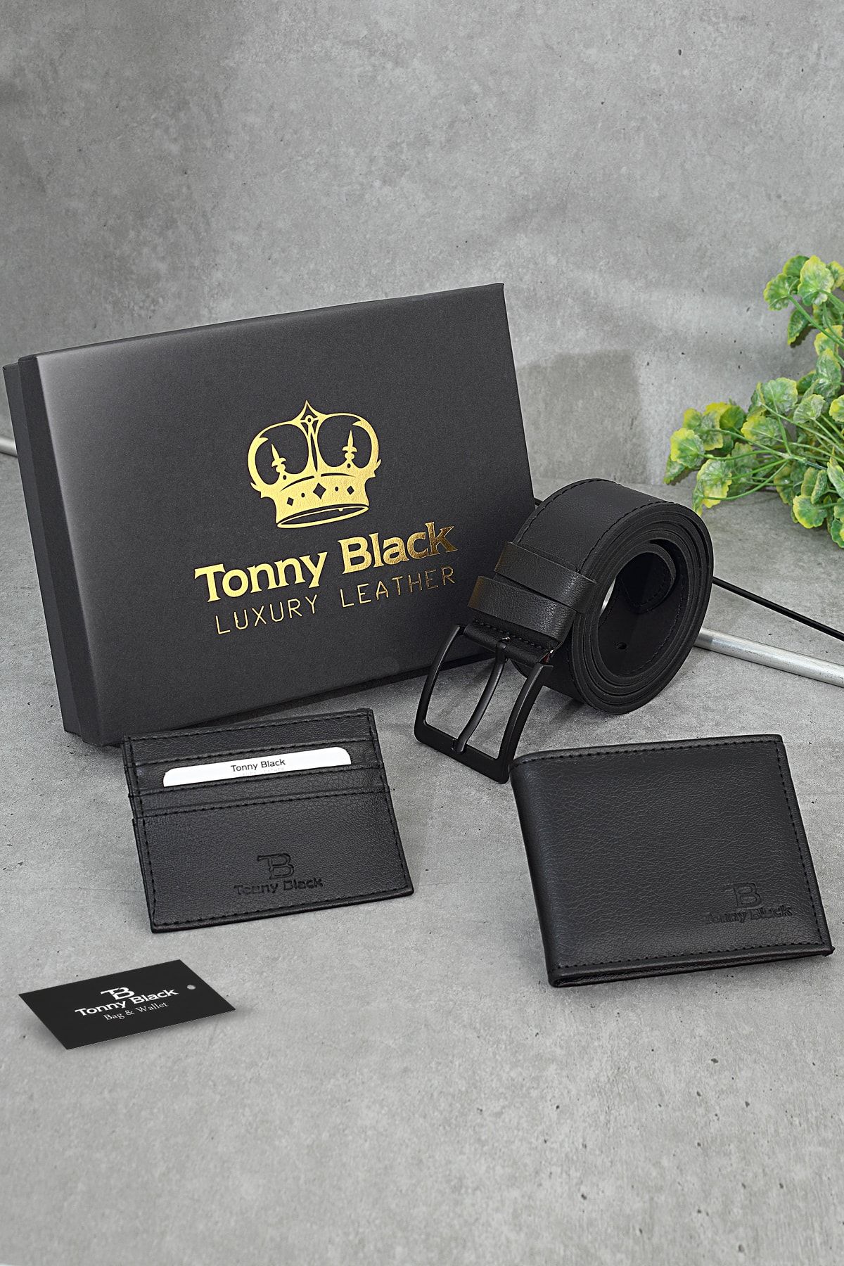 Tonny Black Orijinal Erkek 3'lü Özel Hediye Kutulu Luxury Damat Hediyelik Şık Deri Kemer Cüzdan Ve Kartlık Seti