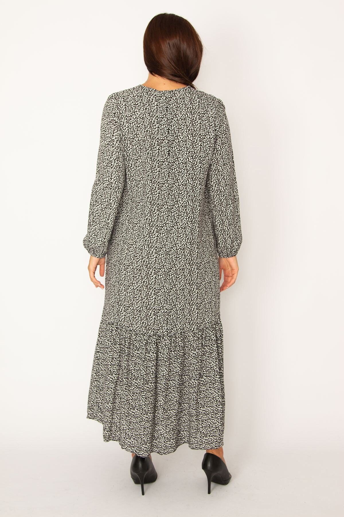 Şans-Damen Große Größe Schwarz Gewebtes Viskose Stoff Rock Spitze Lagen Langarm Kleid 65n34323 3