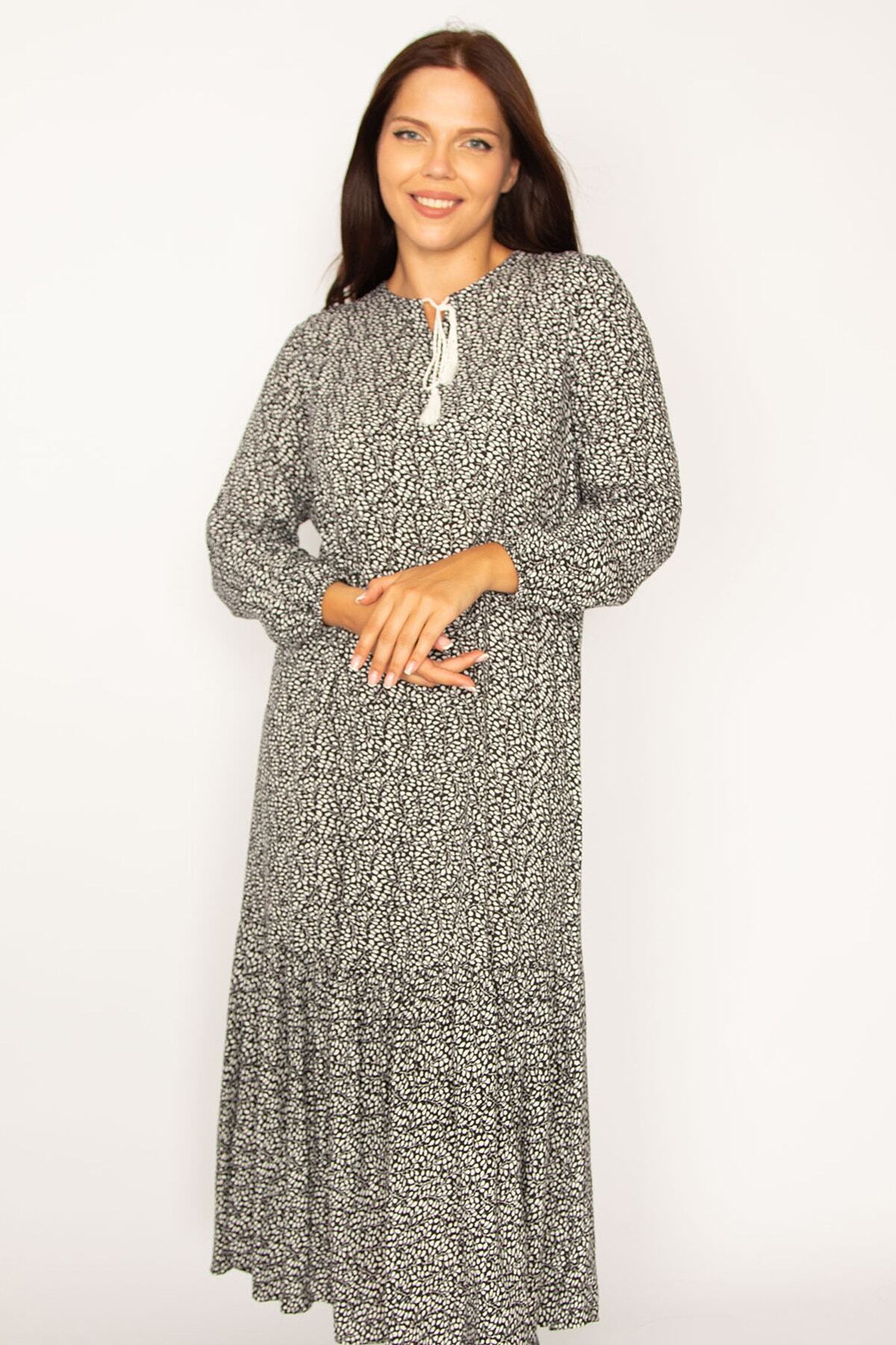 Şans-Damen Große Größe Schwarz Gewebtes Viskose Stoff Rock Spitze Lagen Langarm Kleid 65n34323 4