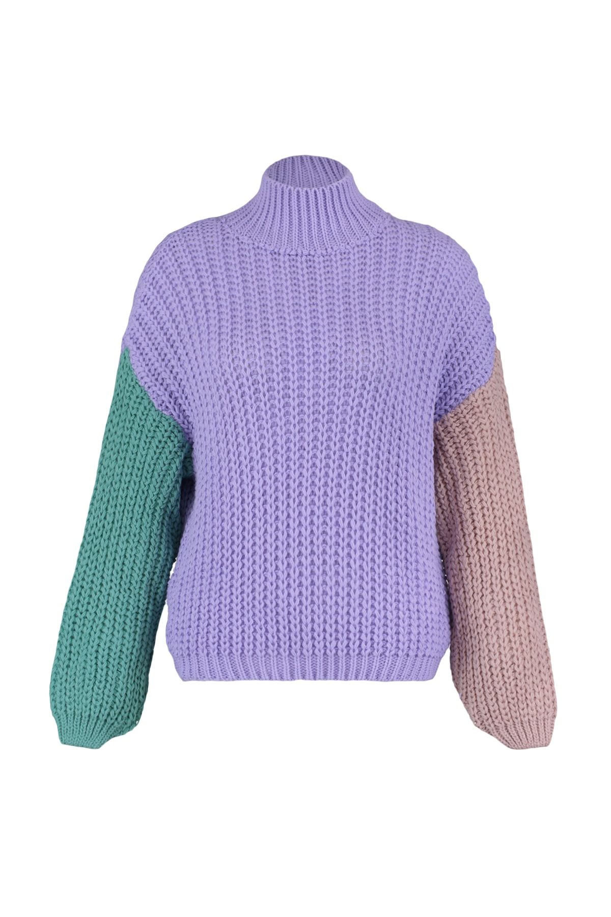 Trendyol Collection-Lilafarbener, weich strukturierter Strickpullover mit Farbblockdesign und weiter Passform TWOAW21KZ0271 7