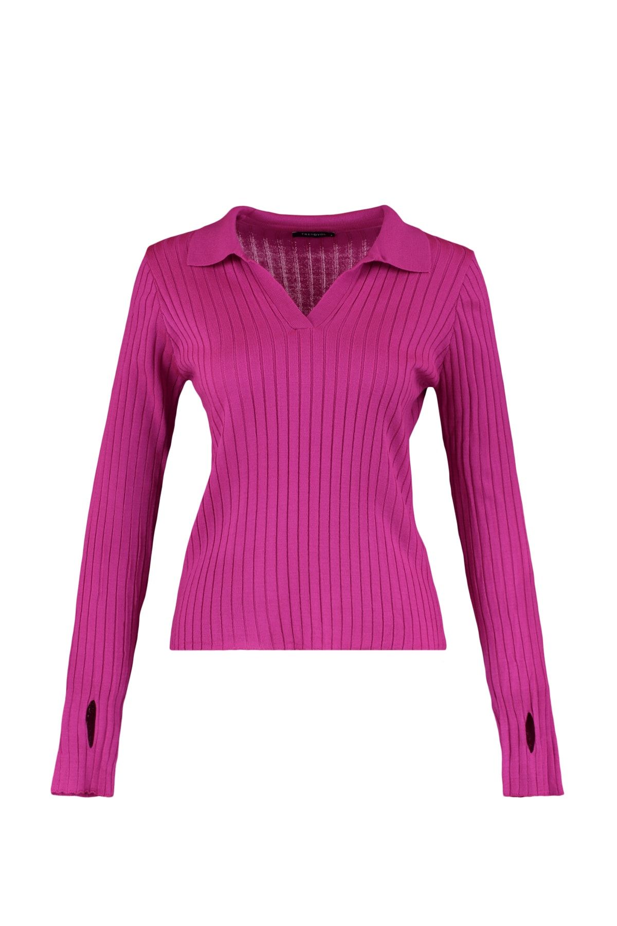 Trendyol Collection-Fuchsia Ärmel Detail Polo Kragen Trikot Pullover TWOAW21KZ1113 7