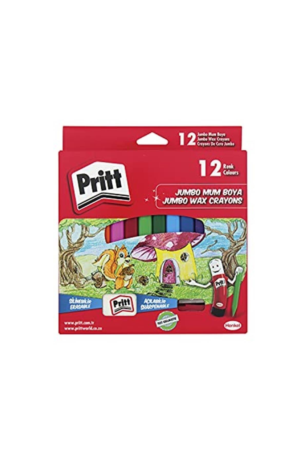 Pritt 12'li Jumbo Üçgen Silinebilir Pastel Boya (Mum Boya) + Silgi ve Kalemtıraş Hediyeli Ka