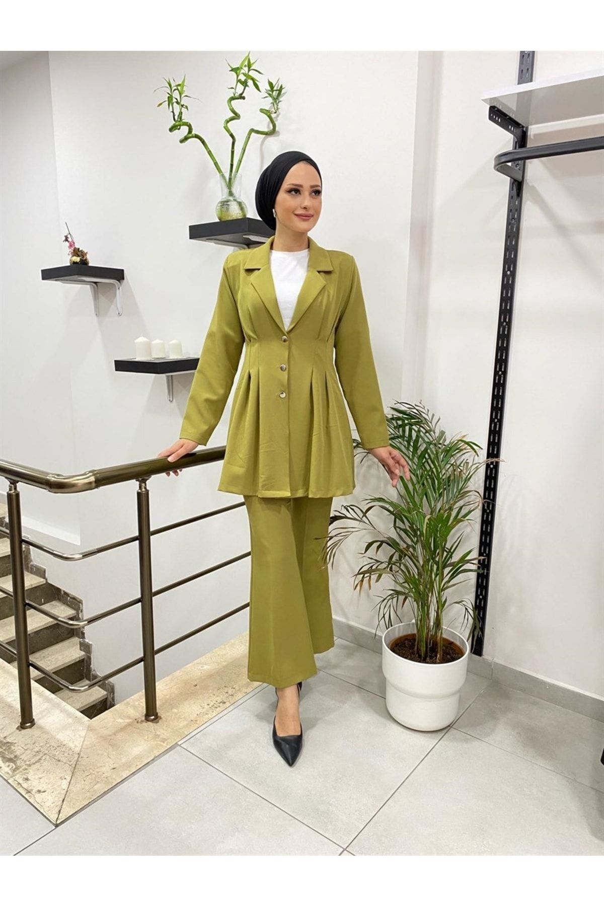 AKRA MODA Ikili Ceket Krep Takım 9177 Yağ Yeşili